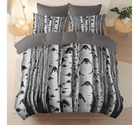 3 Pieces Brushed Microfiber Queen Duvet Cover Set, Super Soft Grey Reversible Design Zippered Comforter Cover, For the Adults Plants Forests Birch Trees theme Bedding, With 4 corner straps