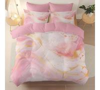 3 Pieces Brushed Microfiber Queen Duvet Cover Set, Super Soft Pink Reversible Design Zippered Comforter Cover, For the Adults Abstract Color Blocks Marble Art theme Bedding, With 4 corner straps