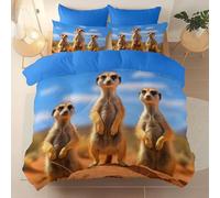 3 Pieces Brushed Microfiber Single Duvet Cover Set, Super Soft Blue Reversible Design Zippered Comforter Cover, For the Adults Animals Cartoons Meerkats Desert theme Bedding, With 4 corner straps