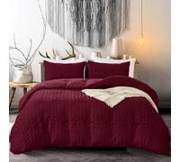 3 Pieces Burgundy Seersucker Duvet Cover Set Pinch Pleat Bedding Set,Zipper Closure and 2 Pillowcases,Soft Microfiber,King 220 x 230 cm