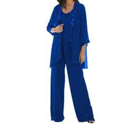 3 Pieces Chiffon Mother of The Groom Trouser Suits Womens Trouser Suits for Wedding Guest Royal-Blue Trouser Suit with Jacket 24