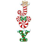 3 Pieces Christmas Joy Door Sign Decorations, Peppermint Candy Mouse Shaped Wreath for Front Door, Rustic Wood Joy Wall Sign Holiday Decor, Christmas Door Hanger for Xmas Party Winter Home with Bow