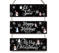 3 Pieces Christmas Wood Wall Decor Rustic Wall Hanging Decor Let It Snow Wall Decor Merry Christmas Wooden Ornaments Happy Holidays Sign for Front Door Porch Indoor Outdoor Home (Black Snowman)