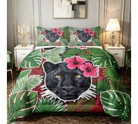 3 Pieces Collage Art Reversible Coverless Duvet 7.5 Tog - Single | 135 x 200 cm Down Alternative Comforter, Lightweight & Warm, Machine Washable Bedding Tropical Botanical Black Leopard Leaf