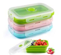 3 Pieces Collapsible Food Containers, 16.5x9.7x6.5cm Silicone Food Storage Containers with Lids with 4 Snap-on Buckles, 350ML Foldable and Portable Silicone Lunch Flat Box with Lid(Green/Blue/Pink)