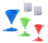 3 Pieces Collapsible Funnels, Funnels for Liquid Filling Bottles or Containers, Kitchen Silicone Funnel Set, Filling Vial Set, Red Green Blue (S/M/L) (3 Funnels Plus 2 Hooks)