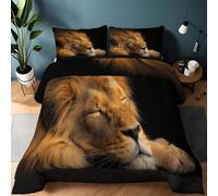 3 Pieces Coverless Duvet King, Animals Lions Sleeping Print Soft Warm Microfibre Coverless Duvet Double Camping Summer Winter Washable Quilt Bedding with Pillowcases, Black