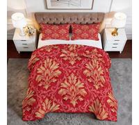3 Pieces Coverless Duvet Single, Baroque Style Floral Pattern Print Soft Warm Microfibre Coverless Duvet Double Camping Summer Winter Washable Quilt Bedding with Pillowcases, Red