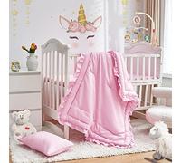 3 Pieces Crib Bedding Set Baby Ruffle Quilted Comforter with Fitted Sheet and Pillowcase - Cute Ruffled Shabby Chic Bedding Soft Blanket Design Pink