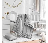 3 Pieces Crib Bedding Set Baby Ruffle Quilted Comforter with Fitted Sheet and Pillowcase - Cute Ruffled Shabby Chic Bedding Soft Blanket Design Gray