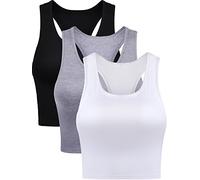 3 Pieces Crop Tops for Women, Workout Tops Basic Cropped Tank Tops Sleeveless Racerback Sports Gym Crop Tank for Teen Girls, Black, White, Grey, XL