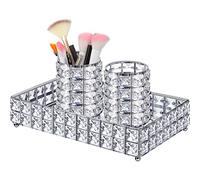 3 Pieces Crystal Makeup Brush Holder Organizer Vanity Makeup Tray Set, 2 Pcs Crystal Bling Cosmetics Brushes Cup 1 Storage Jewelry Trinket Tray Bathroom Sink Vanity Trays, 11.81 x 7.87 x 2.76 Inch