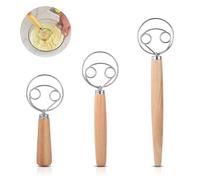 3 Pieces Danish Dough Whisk,Dough Whisk，Wood-Handled Dough Mixers with Different Sizes, Kitchen Baking Tools, Suitable for Making Bread, Cakes and Other Baked Goods