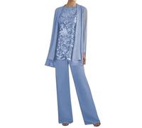 3 Pieces Dusty-Blue Wedding Trouser Suits for Women UK Lace Chiffon Mother of The Groom Trouser Suits with Jacket Size 18