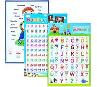 3 Pieces Educational Posters, ICEBLUEOR Laminated Wall Chart Number Senses and Alphabet Posters, Kids Room Classroom Decoration 3 years plus