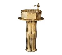3-Pieces Floor Standing Column Basin Vanity Sink, Luxury Golden Sink Combo with Faucet & Drain and Mirror(Color:B) (C One Size)