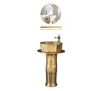 3-Pieces Floor Standing Column Basin Vanity Sink, Luxury Golden Sink Combo with Faucet & Drain and Mirror(Color:B) (D One Size)