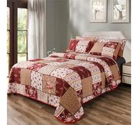 3 Pieces Floral Plaid Patchwork Bedding Quilt Set Queen Red Brown White Plaid Patchwork with Peony Flower Quilted Bedspread Coverlet Set Soft Lightweight Microfiber Bed Cover Set for All Seasons