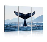 3 Pieces Framed Canvas Wall Art Paintings Blue Coastal Ocean Waves Landscape Whale Tail Surface Animal Aesthetic Modern Abstract Canvas Wall Decoration Pictures Wall Prints for Living Room, Bedroom