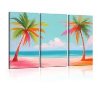 3 Pieces Framed Canvas Wall Art Paintings Pink Beach Coastal Palm Tree Summer Surf Pastel Ocean Tropical Beachy Modern Abstract Canvas Wall Decoration Pictures Wall Prints for Living Room, Bedroom
