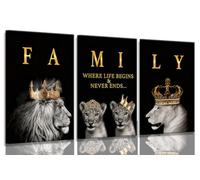 3 Pieces Framed Lion Family Wall Art The Lion King And Queen With Golden Crown Modern Motivational Poster Black And White Animal Wall Decor Painting For Home, Bedroom, Living Room,