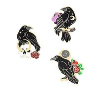 3 Pieces Gothic Black Crow Enamel Pins Bird Skull Moon Flowers Brooches Bag Lapel Pin Punk Enamel Pin Cute Aesthetic Badges Jewelry Gift for Friends