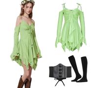 3 Pieces Gothic Clothing Women's Medieval Fairy Off-Shoulder Dress Retro Witch Renaissance Clothing with Corset, Long Socks, Victorian Carnival Fancy Dress Costume (Green, M)