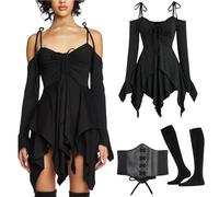 3 Pieces Gothic Clothing Women's Medieval Fairy Off-Shoulder Dress Retro Witch Renaissance Clothing with Corset, Long Socks, Victorian Carnival Fancy Dress Costume (Black, XL)
