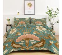 3 Pieces Green Coverless Duvet Super King, Art Nouveau Style Crown Flowers Coverless Quilt Comforter with Pillowcase - Reversible Bedding All Season Quilt Girls Boys - Machine Washable 260 x 220 cm