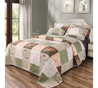 3 Pieces Green Plaid Floral Patchwork Bedding Quilt Set King Size Olive Green Peach White Patchwork Quilted Bedspread Set with Red Rose Flower Soft Lightweight Bed Cover All Seasons Coverlet Set