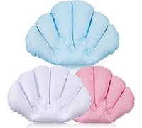 3 Pieces Inflatable Bath Pillow with Suction Cups, Terry Cloth Covered Bath Pillow Shell Shape Bathtub Spa Pillow Comfortable Soft Bath Cushion, Neck Support for Bathtub, Hot Tub (Pink, Blue, White)