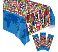3 Pieces International Flag Tablecover World Flag Party Tablecloth Decorations Disposable Plastic Table Cover Birthday Party Decor Supplies Favors Outdoor Indoor