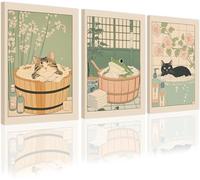 3 Pieces Japanese Cat Bathroom Posters Wall Art Funny Black Cat Canvas Wall Decor Vintage Cute Frog Picture Bathroom Minimalist Zen Paintings Abstract Prints for Home Gallery Decor 30X40cm Unframed