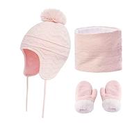 3 Pieces Kids Winter Knit Hat Scarf Gloves Warm Set Beanie Cap Knitted Neck Gaiter Warmer Thick Warm Mittens Winter Holiday for Boys Girls of 4-6 Years Pink