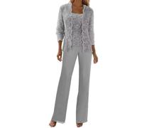 3 Pieces Lace Chiffon Mother of The Bride Pant Suits with Jackets Sequins Wedding Guest Dresses for Women (Silver,XXL)