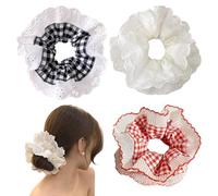 3 Pieces Lace Large Scrunchies,Red Plaid Double Layer Embroidery Fluffy Large Scrunchies,Black and White Lace Hollow Hair Scrunchie,for Various Occasions in Daily Life