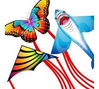 3 Pieces Large Kites for Kids Ages 4-8, 8-12 and Adults - Easy to Fly Butterfly, Delta & Shark Kites Set with String for Beach, Park Outdoor Fun