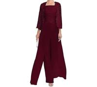 3 Pieces Long Mother of The Bride Pant Suits Chiffon Lace Wedding Guest Gown Formal Evening Dress Wine Red