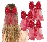 3 Pieces Long Tail Bow Hair Clips, Red Tulle Bow Hair Barrette, French Bowknot Ribbon Barrette Clip for Women Ladies Wedding Festival Birthday Party Daily Wear