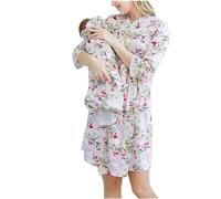 3 Pieces Maternity Robe and Baby Receiving Blanket Set UK Sale Clearance, Flowers Print Mommy Robe Baby Swaddle Blanket with Headband Ladies Long Sleeve Nursing Dress Nightdress Nursery Blankets