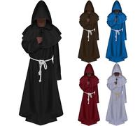 3 Pieces Mens Monk Costume UK Clearance Medieval Friar Hooded Priest Robe Tunic Costume Medieval Renaissance Friar Cowl Robe +Cross +Drawstring Unisex Adult Cosplay Outfit Halloween Fancy Dress
