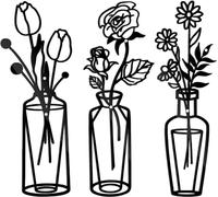 3 Pieces Metal Flower Wall Art Decoration, Black Tulip Wire Iron Decor, Black Metal Wall Art, Black Flower in Vase Wire Wall Hanging Decor for Living Room Bathroom Bedroom Patio Balcony Kitchen (VASE)