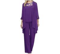 3 Pieces Mother of The Bride Pant Suits for Women Elegant Long Sleeve Loose Wedding Guest Formal Cocktail Evening Outfits Chiffon Lace Tank Tops Wide Leg Pantsuit with Jacket