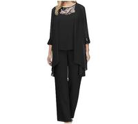 3 Pieces Mother of The Bride Pant Suits for Women Elegant Long Sleeve Loose Wedding Guest Formal Cocktail Evening Outfits Chiffon Lace Tank Tops Wide Leg Pantsuit with Jacket