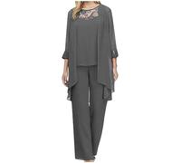 3 Pieces Mother of The Bride Pant Suits for Women Elegant Long Sleeve Loose Wedding Guest Formal Cocktail Evening Outfits Chiffon Lace Tank Tops Wide Leg Pantsuit with Jacket