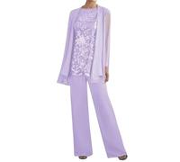 3 Pieces Mother of The Bride Pant Suits Lace Chiffon Formal Pantsuits with Jackets for Women Evening Wedding Party Lavender