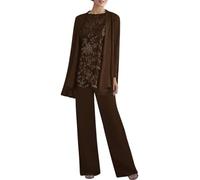 3 Pieces Mother of The Bride Pant Suits Lace Chiffon Formal Pantsuits with Jackets for Women Evening Wedding Party Brown