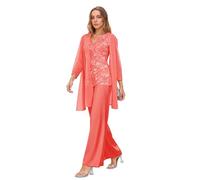 3 Pieces Mother of The Bride Pant Suits Lace Chiffon Formal Pantsuits with Jackets for Women Evening Wedding Party Coral