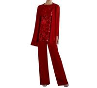 3 Pieces Mother of The Bride Pant Suits Lace Chiffon Formal Pantsuits with Jackets for Women Evening Wedding Party Red