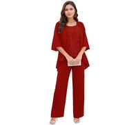 3 Pieces Mother of The Bride Pant Suits Sequins Chiffon Pantsuit with Jacket for Evening Wedding Guest Outfit Plus Size Red